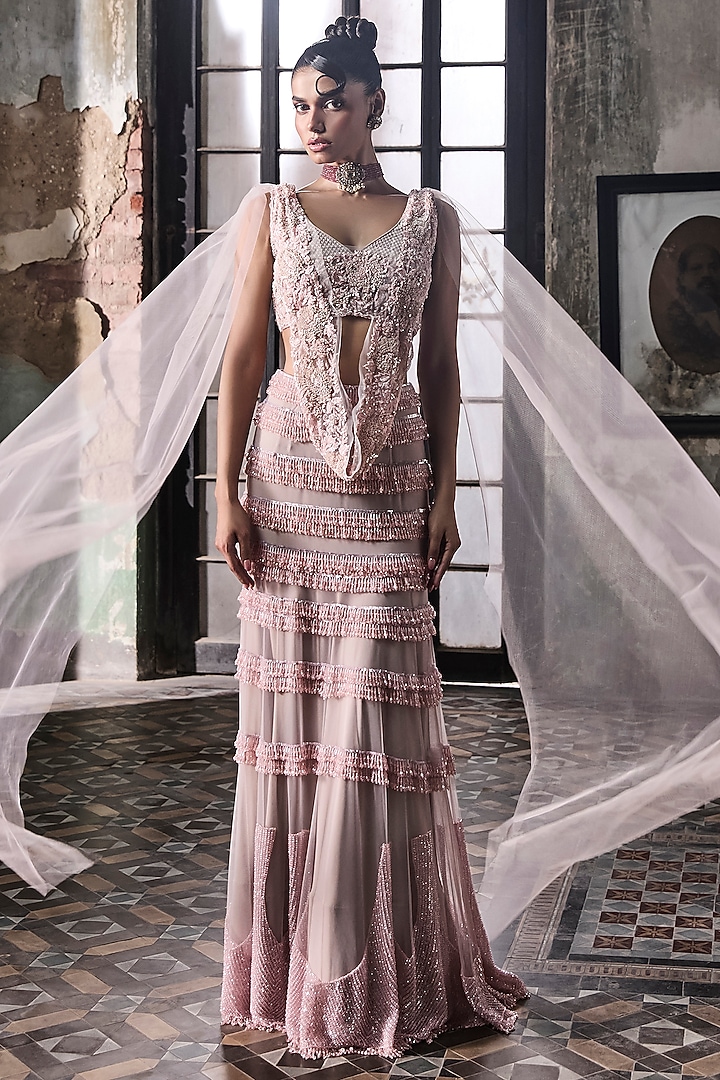 Old Rose Tulle Crystal Embellished Skirt Set by Esha Sethi Thirani at Pernia's Pop Up Shop