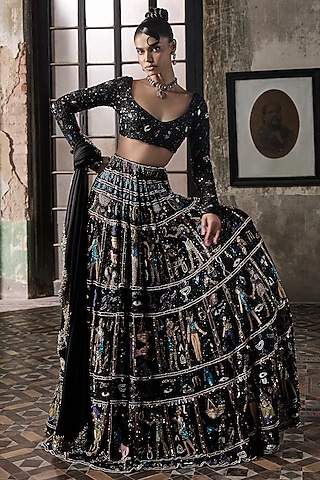 Black Georgette Motif Embroidered Lehenga Set by Esha Sethi Thirani
