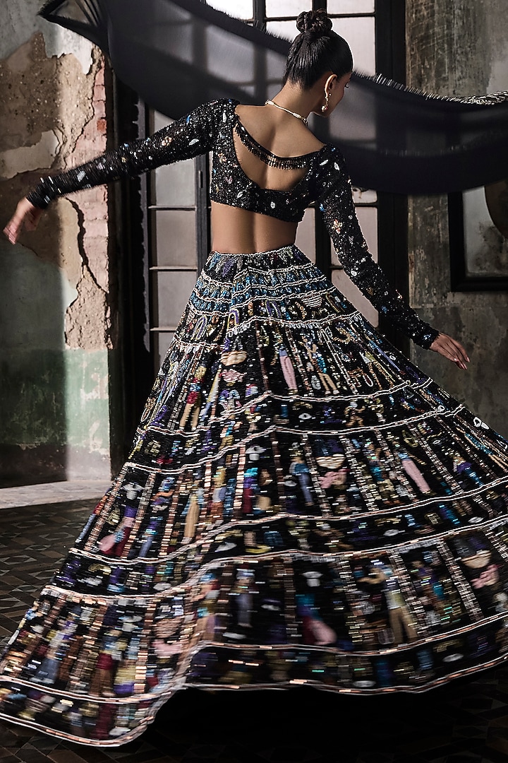 Black Georgette Motif Embroidered Bridal Lehenga Set by Esha Sethi Thirani at Pernia's Pop Up Shop