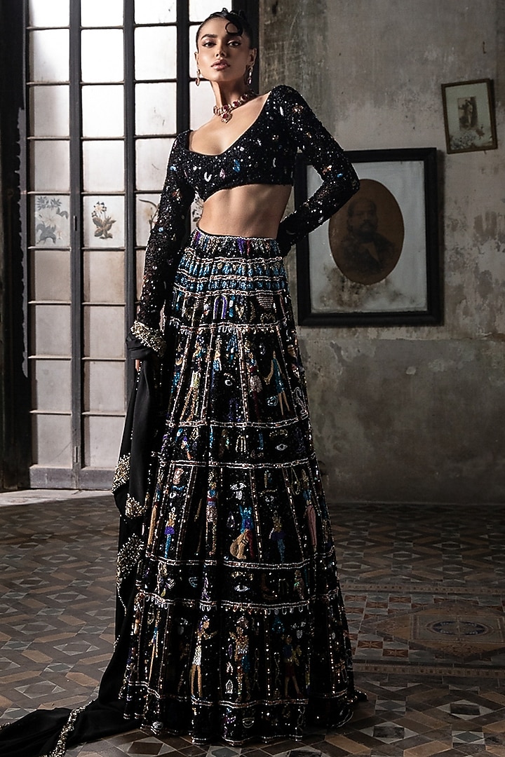 Black Georgette Motif Embroidered Bridal Lehenga Set by Esha Sethi Thirani at Pernia's Pop Up Shop