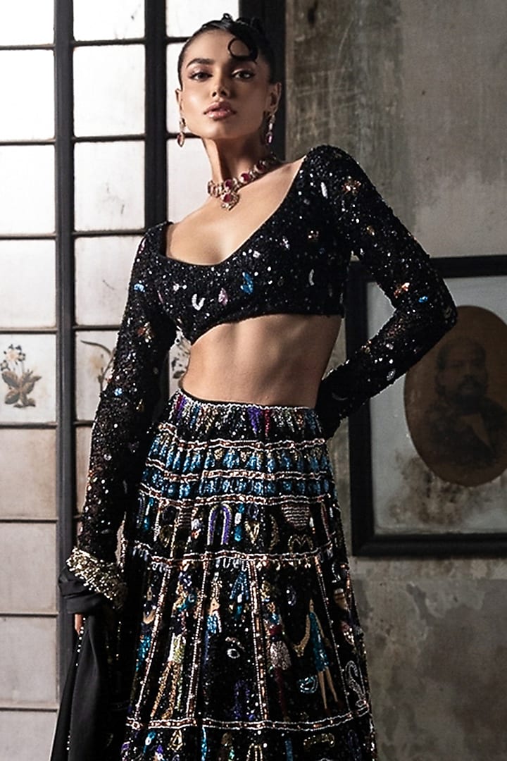 Black Georgette Motif Embroidered Bridal Lehenga Set by Esha Sethi Thirani at Pernia's Pop Up Shop