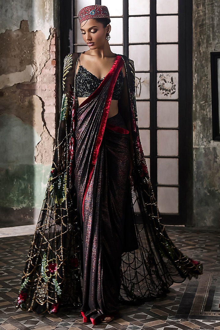 Black Georgette Hand Embroidered Pre-Stitched Draped Set by Esha Sethi Thirani at Pernia's Pop Up Shop