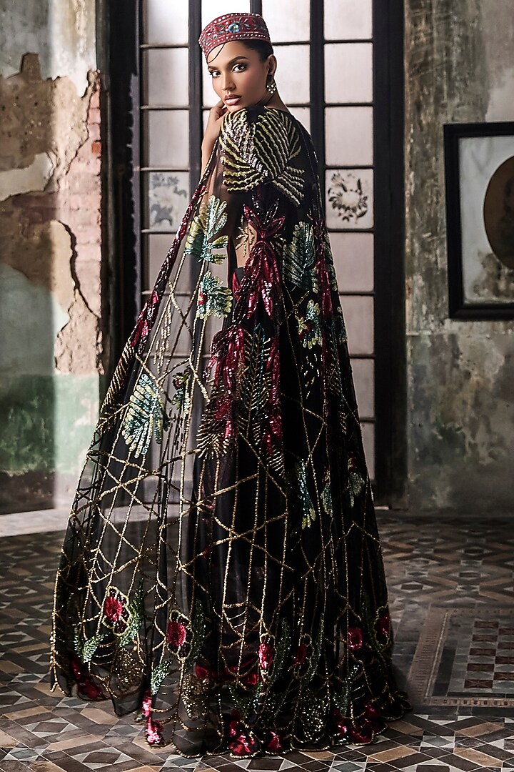 Black Georgette Hand Embroidered Pre-Stitched Draped Set by Esha Sethi Thirani at Pernia's Pop Up Shop
