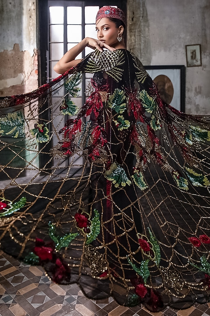 Black Georgette Hand Embroidered Pre-Stitched Draped Set by Esha Sethi Thirani at Pernia's Pop Up Shop