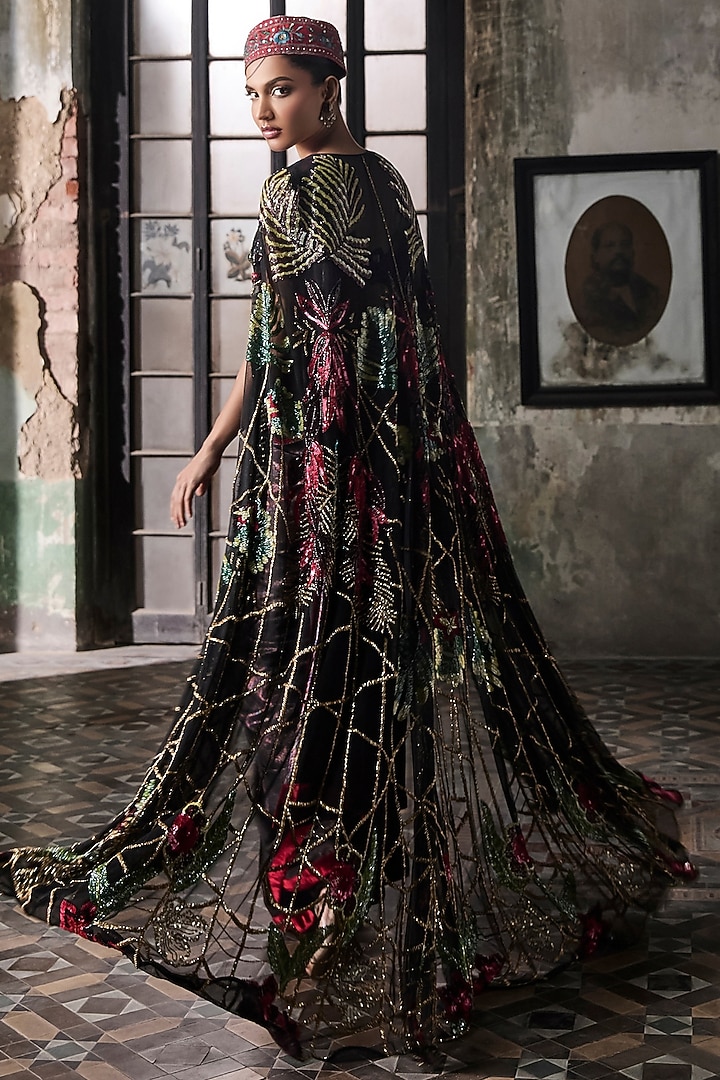 Black Georgette Hand Embroidered Pre-Stitched Draped Set by Esha Sethi Thirani at Pernia's Pop Up Shop
