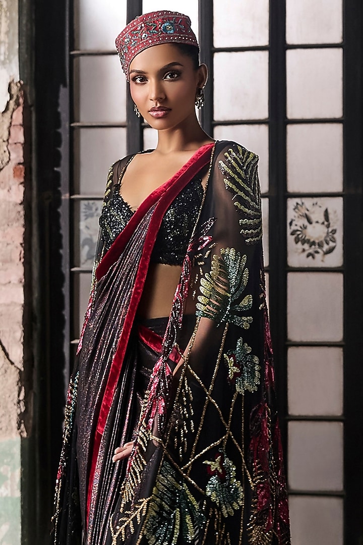 Black Georgette Hand Embroidered Pre-Stitched Draped Set by Esha Sethi Thirani at Pernia's Pop Up Shop