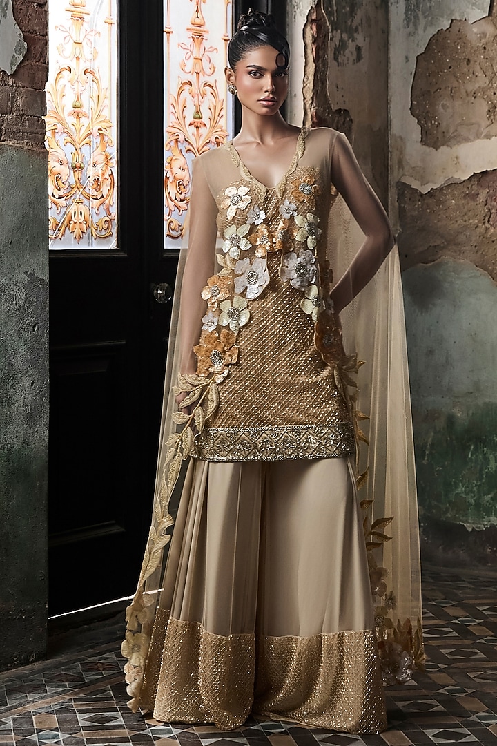 Beige Tulle Embroidered Sharara Set by Esha Sethi Thirani at Pernia's Pop Up Shop