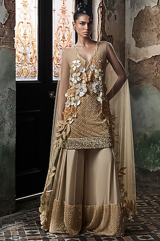 Beige Tulle Embroidered Sharara Set by Esha Sethi Thirani