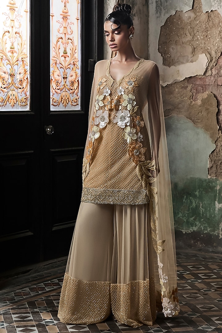 Beige Tulle Embroidered Sharara Set by Esha Sethi Thirani at Pernia's Pop Up Shop