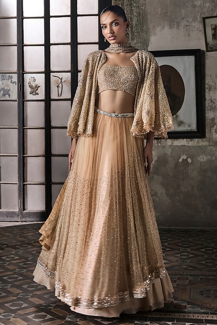 Light Peach Tulle Embroidered Bridal Lehenga Set by Esha Sethi Thirani at Pernia's Pop Up Shop