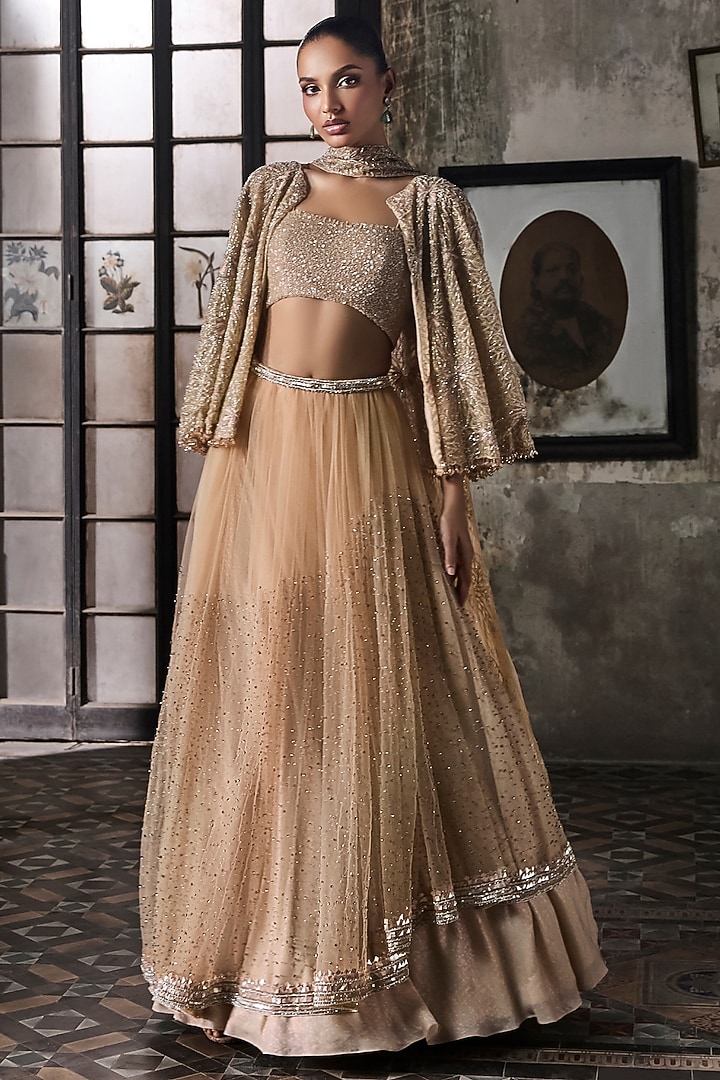 Light Peach Tulle Embroidered Bridal Lehenga Set by Esha Sethi Thirani at Pernia's Pop Up Shop