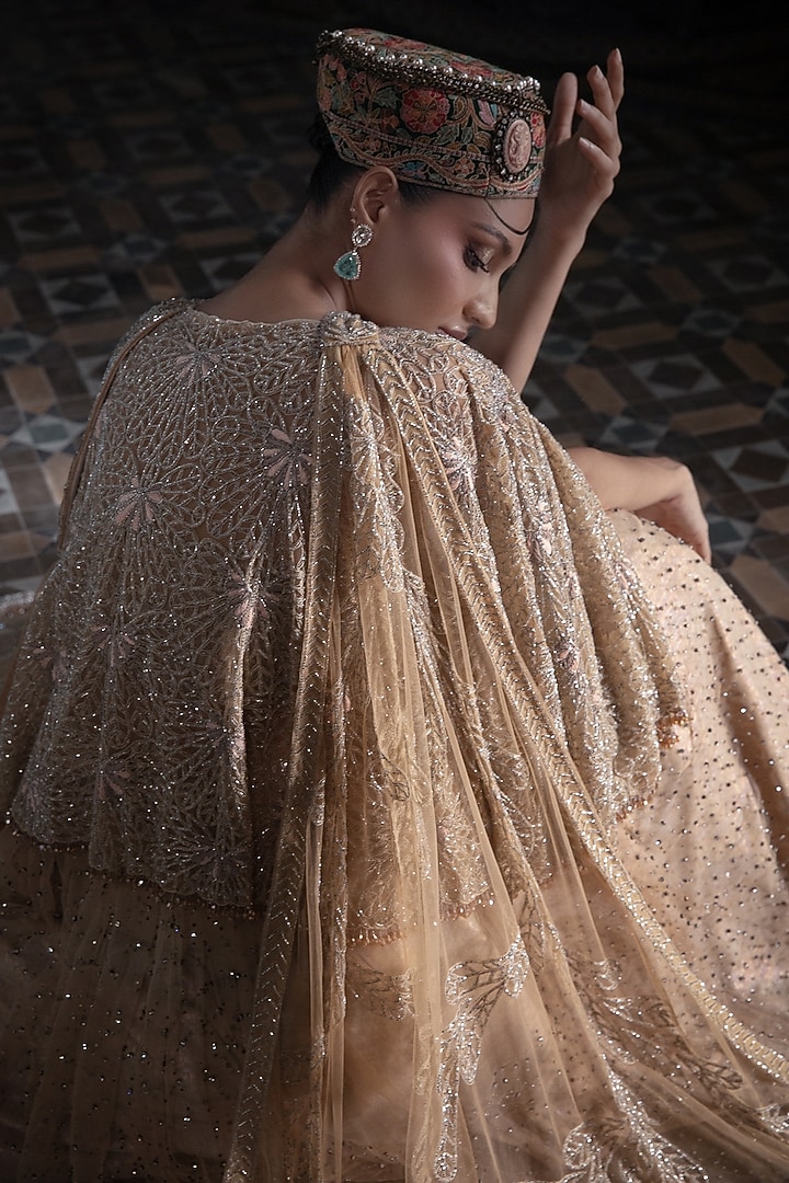 Light Peach Tulle Embroidered Bridal Lehenga Set by Esha Sethi Thirani at Pernia's Pop Up Shop