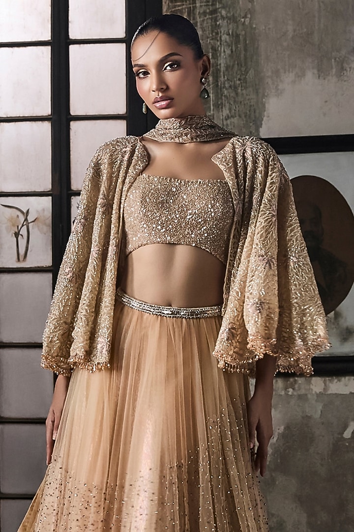 Light Peach Tulle Embroidered Bridal Lehenga Set by Esha Sethi Thirani at Pernia's Pop Up Shop