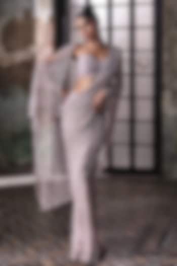 Lavender Tulle 3D Petal Embroidered Bridal Saree Set by Esha Sethi Thirani at Pernia's Pop Up Shop