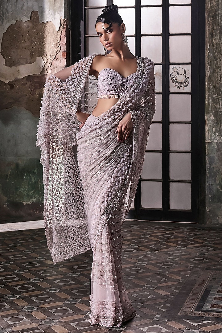 Lavender Tulle 3D Petal Embroidered Bridal Saree Set by Esha Sethi Thirani at Pernia's Pop Up Shop
