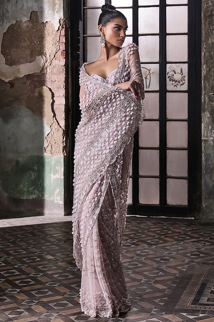 Lavender Tulle 3D Petal Embroidered Bridal Saree Set by Esha Sethi Thirani at Pernia's Pop Up Shop