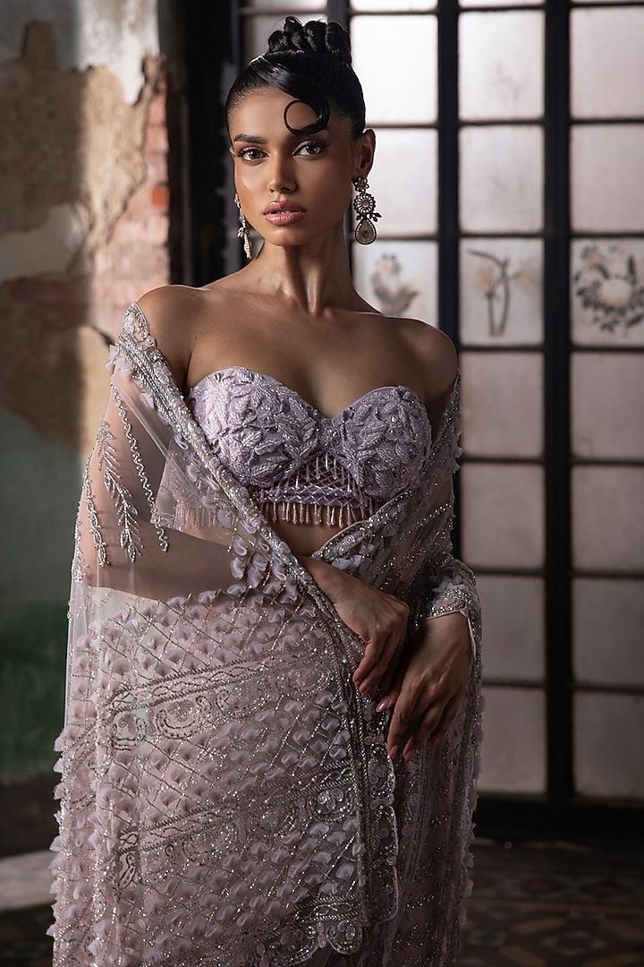 Lavender Tulle 3D Petal Embroidered Bridal Saree Set by Esha Sethi Thirani at Pernia's Pop Up Shop
