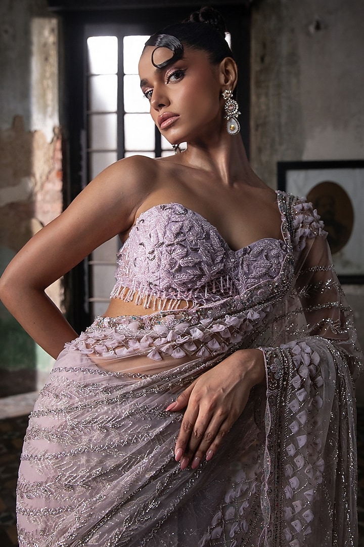 Lavender Tulle 3D Petal Embroidered Bridal Saree Set by Esha Sethi Thirani at Pernia's Pop Up Shop