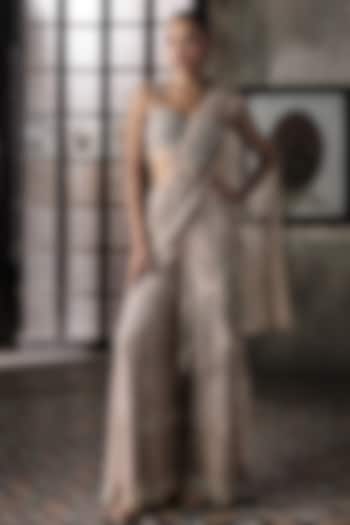 Old Rose Tulle Embroidered Sharara Bridal Saree Set by Esha Sethi Thirani at Pernia's Pop Up Shop