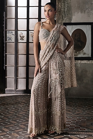 Old Rose Tulle Embroidered Sharara Saree Set by Esha Sethi Thirani