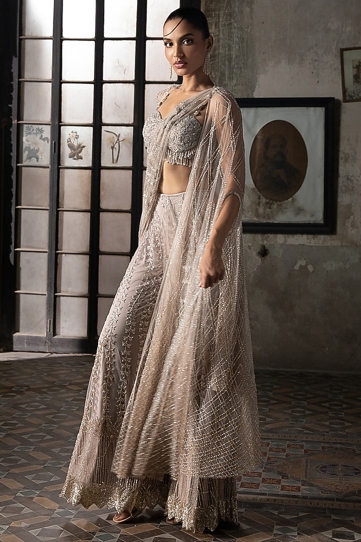 Old Rose Tulle Embroidered Sharara Bridal Saree Set by Esha Sethi Thirani at Pernia's Pop Up Shop