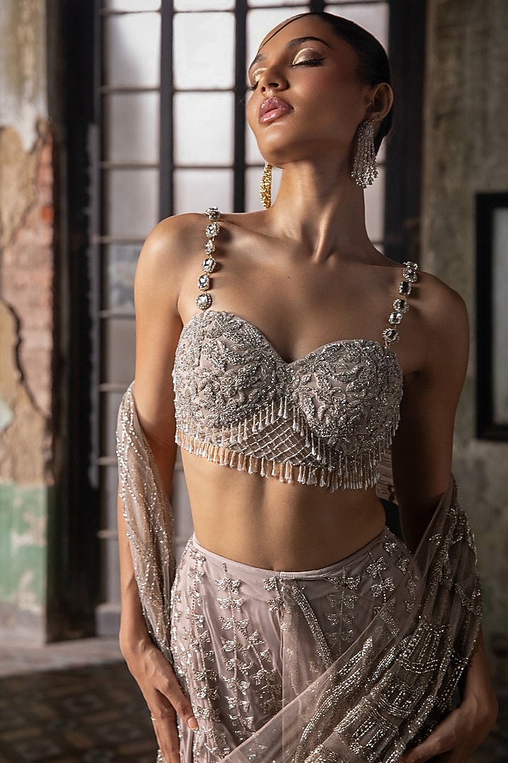 Old Rose Tulle Embroidered Sharara Bridal Saree Set by Esha Sethi Thirani at Pernia's Pop Up Shop