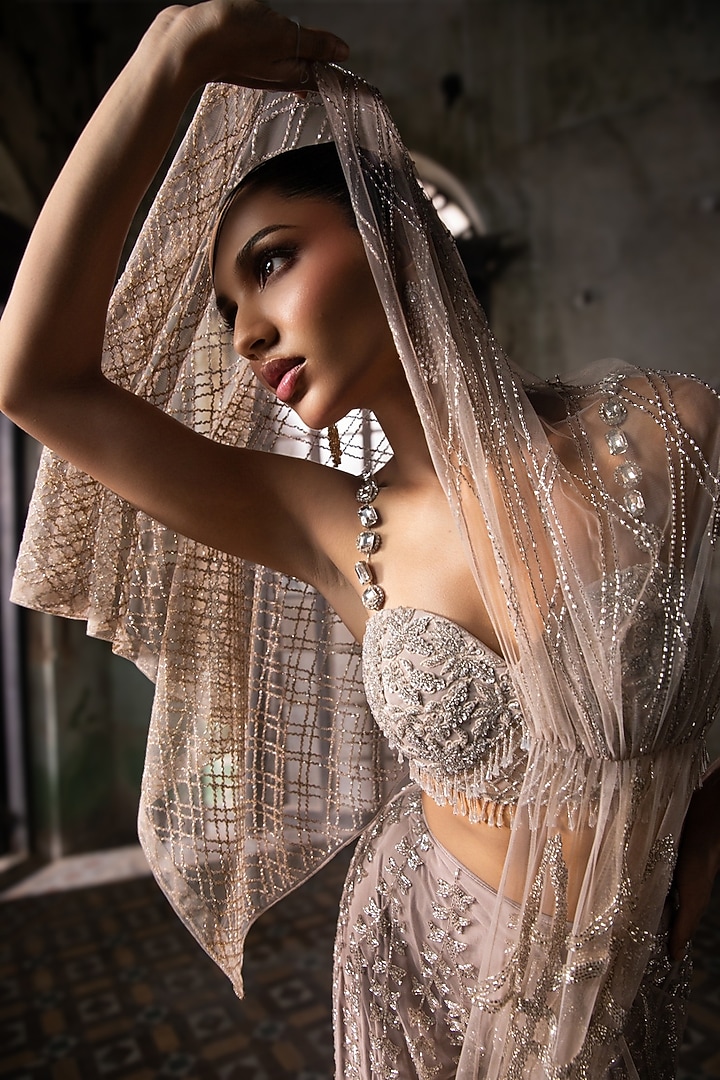 Old Rose Tulle Embroidered Sharara Bridal Saree Set by Esha Sethi Thirani at Pernia's Pop Up Shop