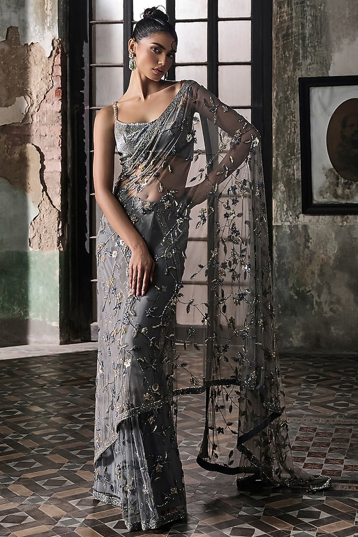 Slate Grey Tulle Hand Embroidered Reception Saree Set by Esha Sethi Thirani at Pernia's Pop Up Shop
