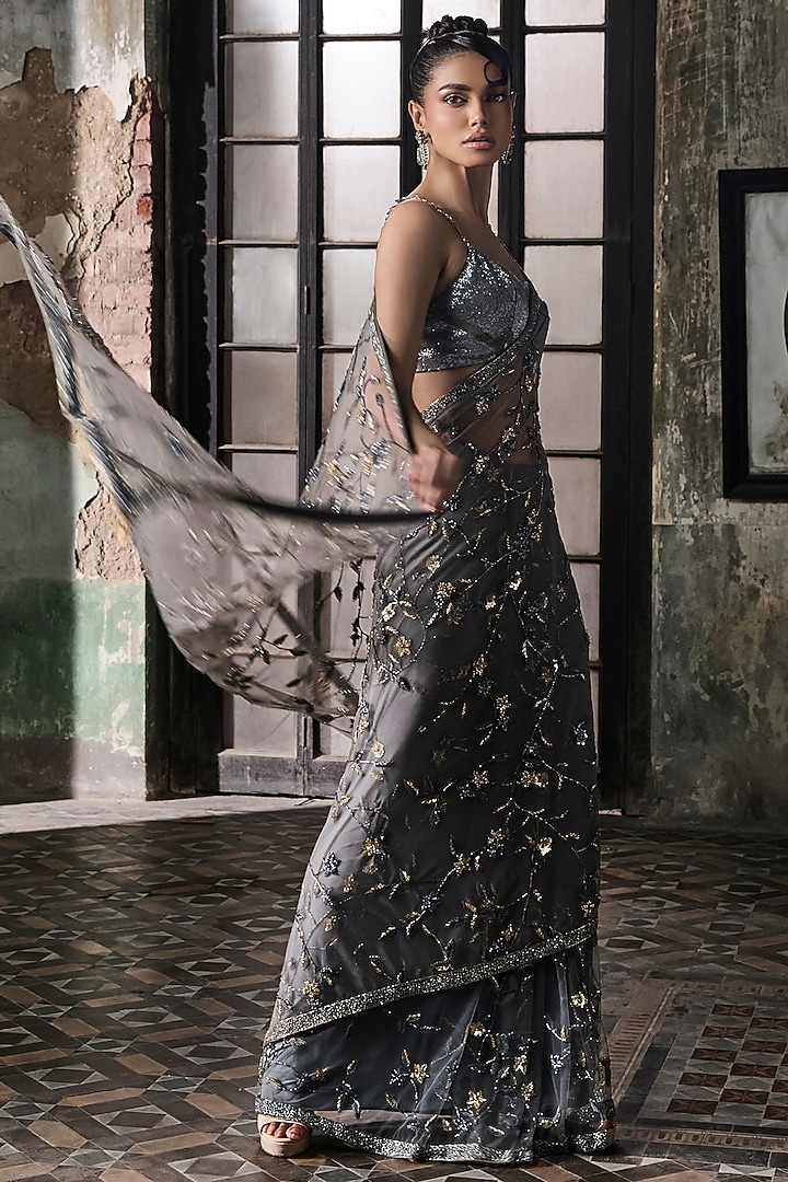 Slate Grey Tulle Hand Embroidered Reception Saree Set by Esha Sethi Thirani at Pernia's Pop Up Shop