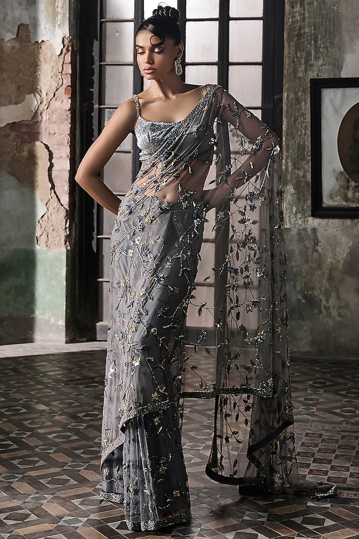 Slate Grey Tulle Hand Embroidered Reception Saree Set by Esha Sethi Thirani at Pernia's Pop Up Shop