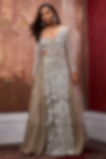 Nude Georgette & Tulle 3D Floral Embroidered Sharara Bridal Saree Set by Esha Sethi Thirani at Pernia's Pop Up Shop