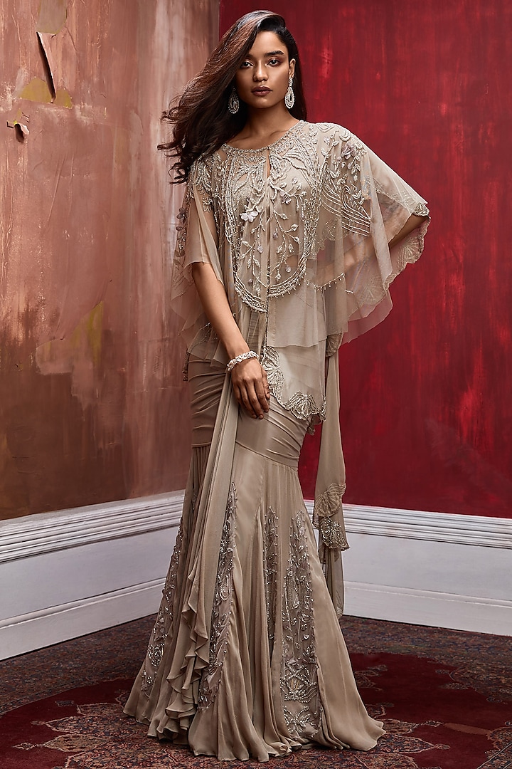 Nude Tulle & Georgette 3D Floral Embroidered Draped Saree Set by Esha Sethi Thirani