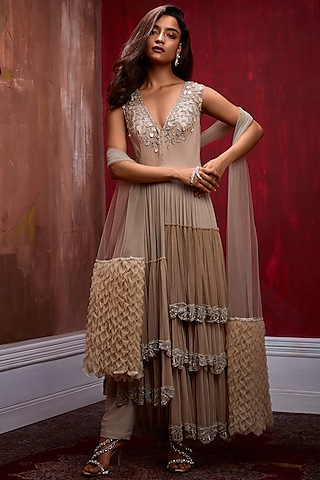 Nude Beaded Tiered Tunic Set by Esha Sethi Thirani
