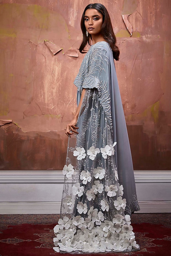 Ombre Prestitched Sari With Pearl Embellished Aanchal And 3D Flower Blouse  – Esha Sethi Thirani