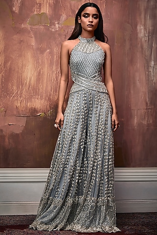 Powder Blue Embroidered Jumpsuit by Esha Sethi Thirani
