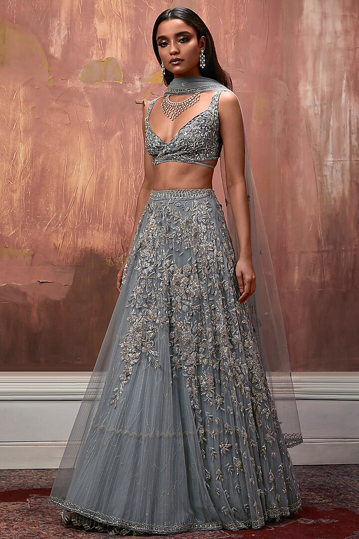 Powder Blue Embroidered Bridal lehenga for 22 Lehenga Set by Esha Sethi Thirani at Pernia's Pop Up Shop