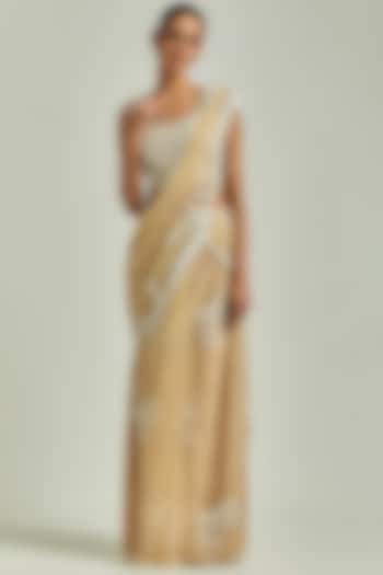 Cream Tulle Chantilly Pre-Draped Saree Set by Esha Sethi Thirani