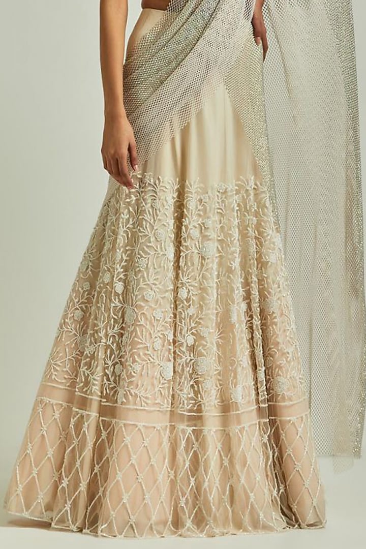 Cream Net Rhinestone Reception Lehenga Saree Set by Esha Sethi Thirani at Pernia's Pop Up Shop