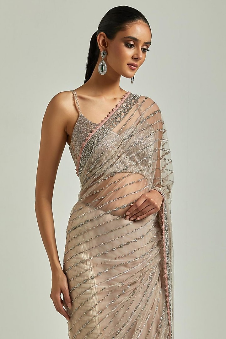 Pink Embroidered Reception Saree Set by Esha Sethi Thirani at Pernia's Pop Up Shop