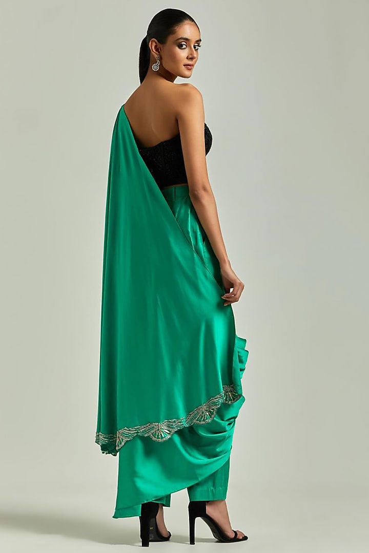 Emerald Green Satin Pant Wedding Saree Set by Esha Sethi Thirani at Pernia's Pop Up Shop