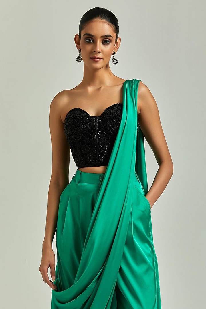 Emerald Green Satin Pant Wedding Saree Set by Esha Sethi Thirani at Pernia's Pop Up Shop