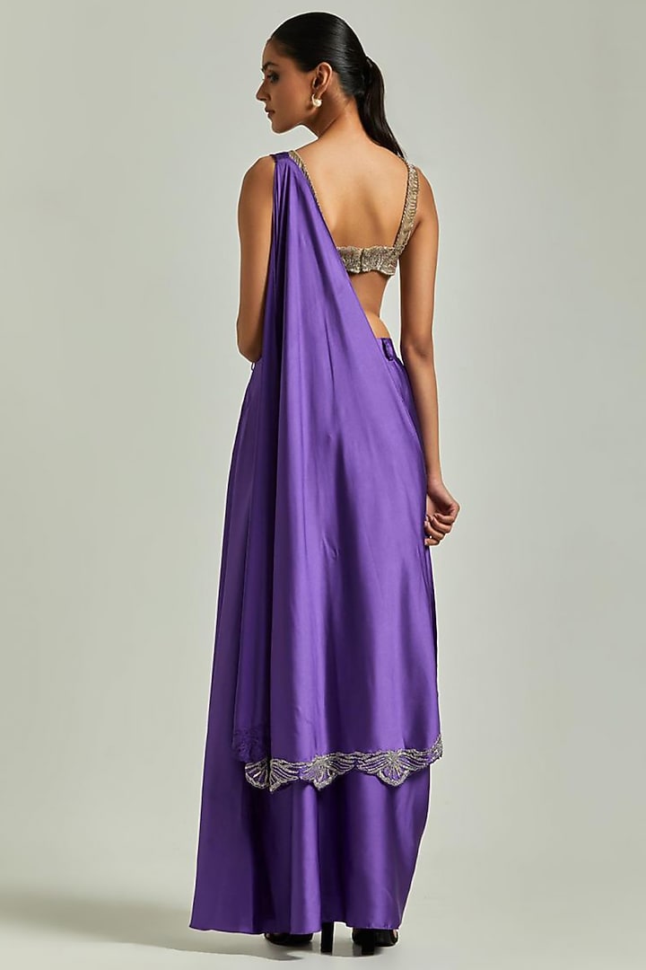 Purple Satin Pant Wedding Saree Set by Esha Sethi Thirani at Pernia's Pop Up Shop
