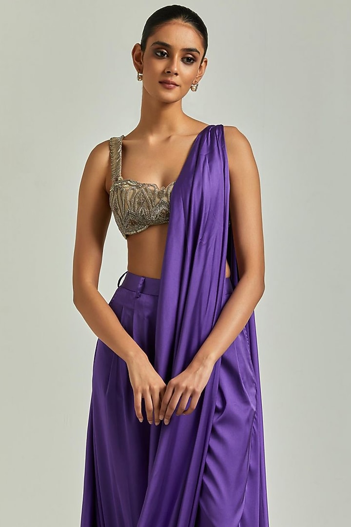 Purple Satin Pant Wedding Saree Set by Esha Sethi Thirani at Pernia's Pop Up Shop