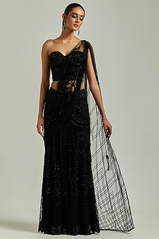Black Net Bead Embroidered Sharara Pant Saree Set by Esha Sethi Thirani