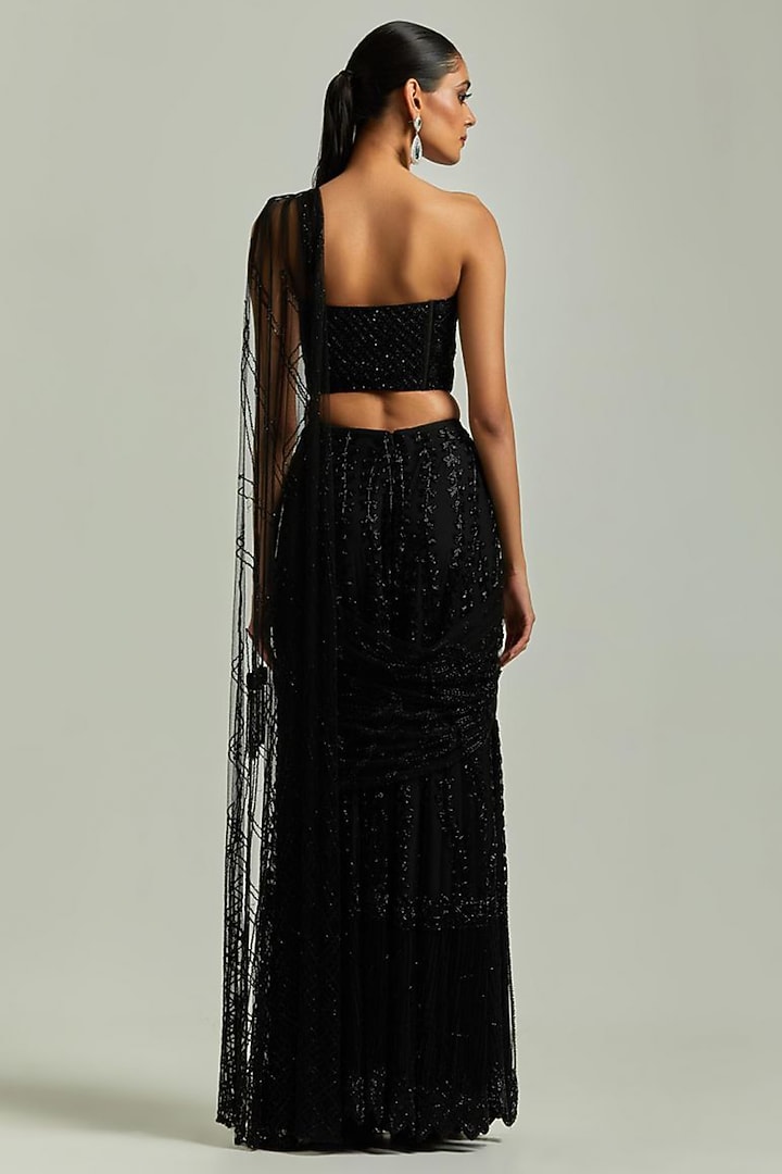 Black Net Bead Embroidered Sharara Pant Bridal Saree Set by Esha Sethi Thirani at Pernia's Pop Up Shop