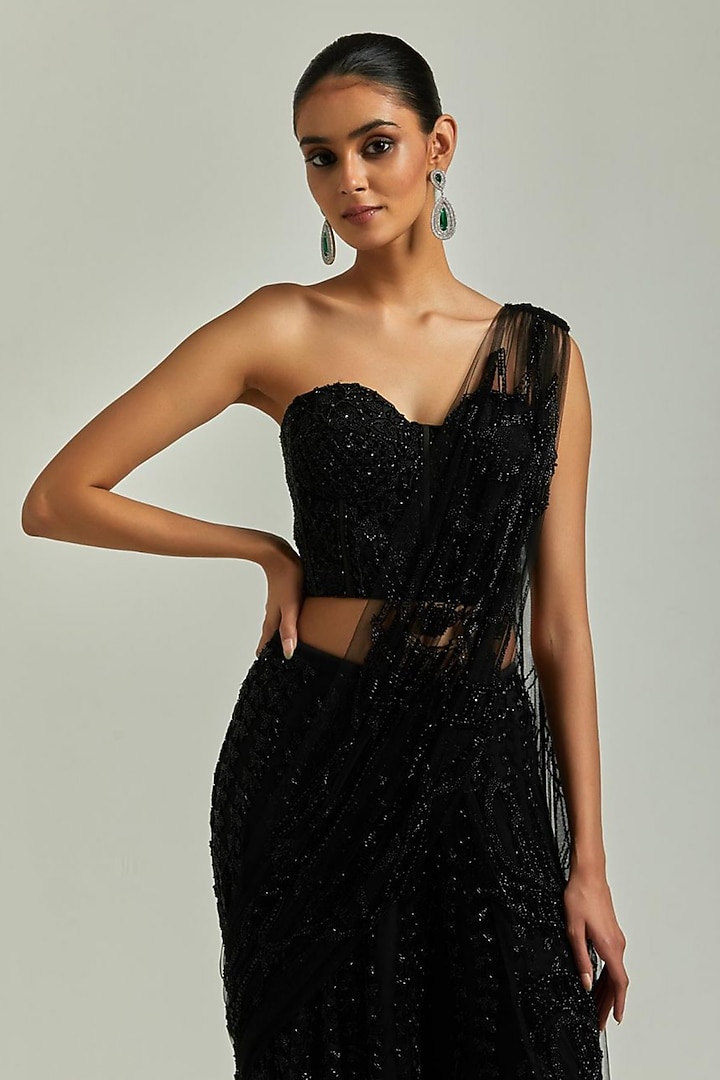 Black Net Bead Embroidered Sharara Pant Bridal Saree Set by Esha Sethi Thirani at Pernia's Pop Up Shop
