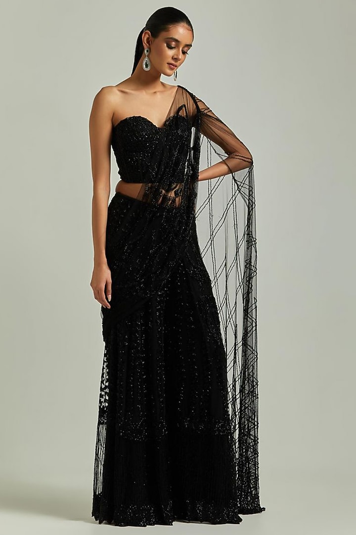 Black Net Bead Embroidered Sharara Pant Bridal Saree Set by Esha Sethi Thirani at Pernia's Pop Up Shop