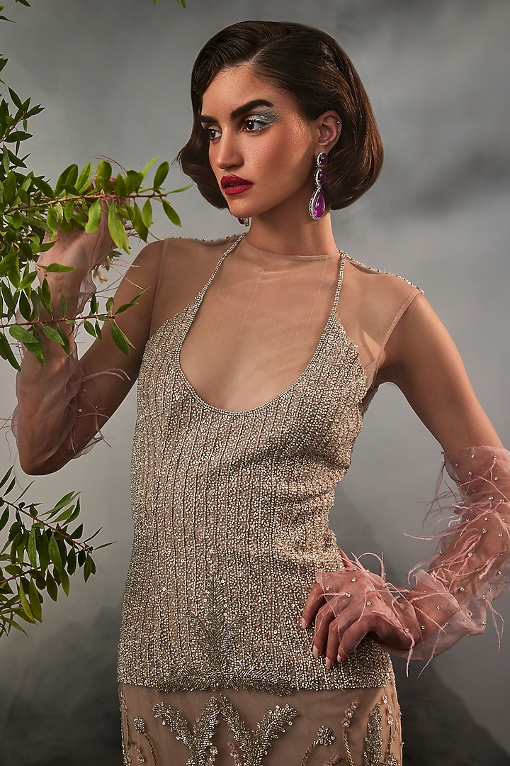 Blush Pink Tulle Embellished Pencil Skirt Set by Esha Sethi Thirani at Pernia's Pop Up Shop