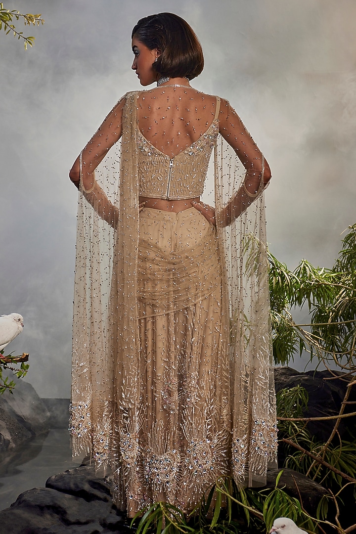 Champagne Tulle Sharara Bridal Saree Set With Cape by Esha Sethi Thirani at Pernia's Pop Up Shop