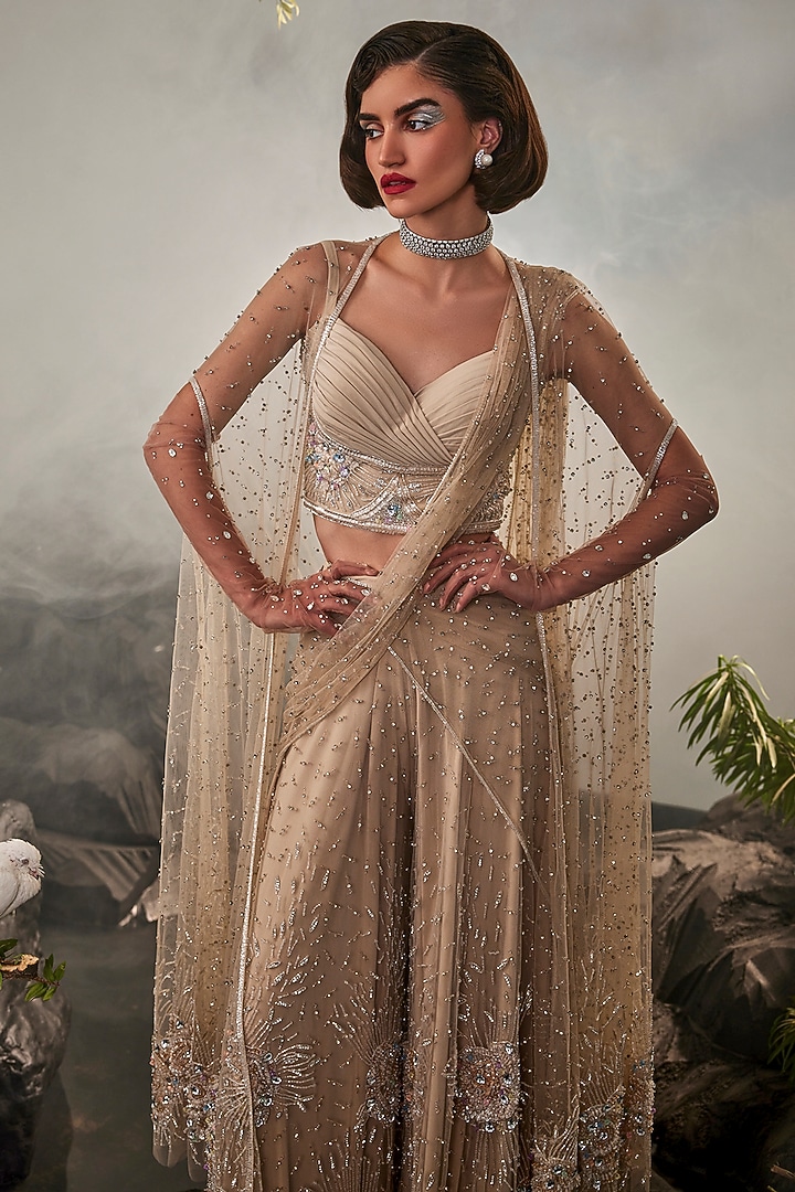 Champagne Tulle Sharara Bridal Saree Set With Cape by Esha Sethi Thirani at Pernia's Pop Up Shop